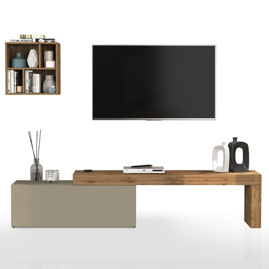 WHOUS Parete Attrezzata CHRONOS per Soggiorno, Mobile Tv Regolabile e Pensile a Giorno per Salotto in Legno, 180/290x40 cm, Tortora Opaco e Rovere