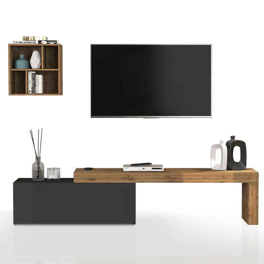 WHOUS Parete Attrezzata CHRONOS per Soggiorno, Mobile Tv Regolabile e Pensile a Giorno per Salotto in Legno, 180/290x40 cm, Antracite Opaco e Rovere