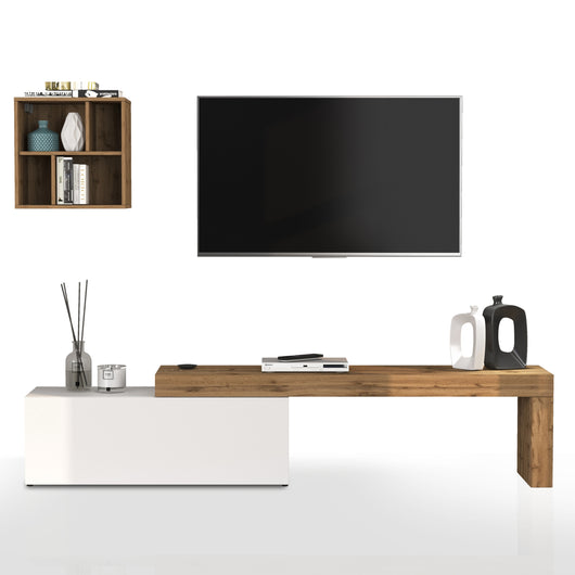 WHOUS Parete Attrezzata CHRONOS per Soggiorno, Mobile Tv Regolabile e Pensile a Giorno per Salotto in Legno, 180/290x40 cm, Bianco Lucido e Rovere