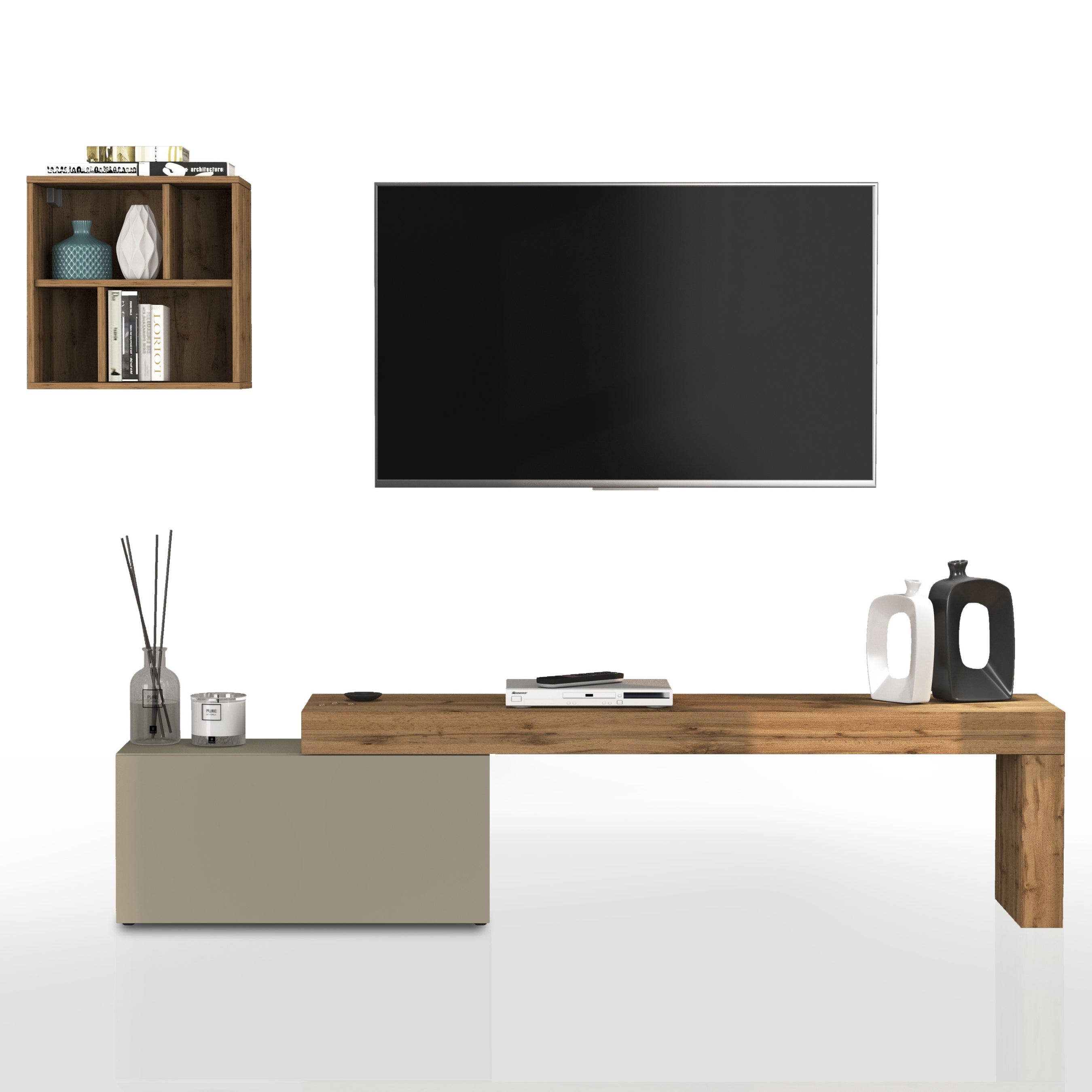 WHOUS Parete Attrezzata CHRONOS per Soggiorno, Mobile Tv Regolabile e Pensile a Giorno per Salotto in Legno, 180/260x40 cm, Tortora Opaco e Rovere