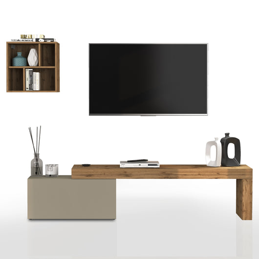 WHOUS Parete Attrezzata CHRONOS per Soggiorno, Mobile Tv Regolabile e Pensile a Giorno per Salotto in Legno, 180/260x40 cm, Tortora Opaco e Rovere