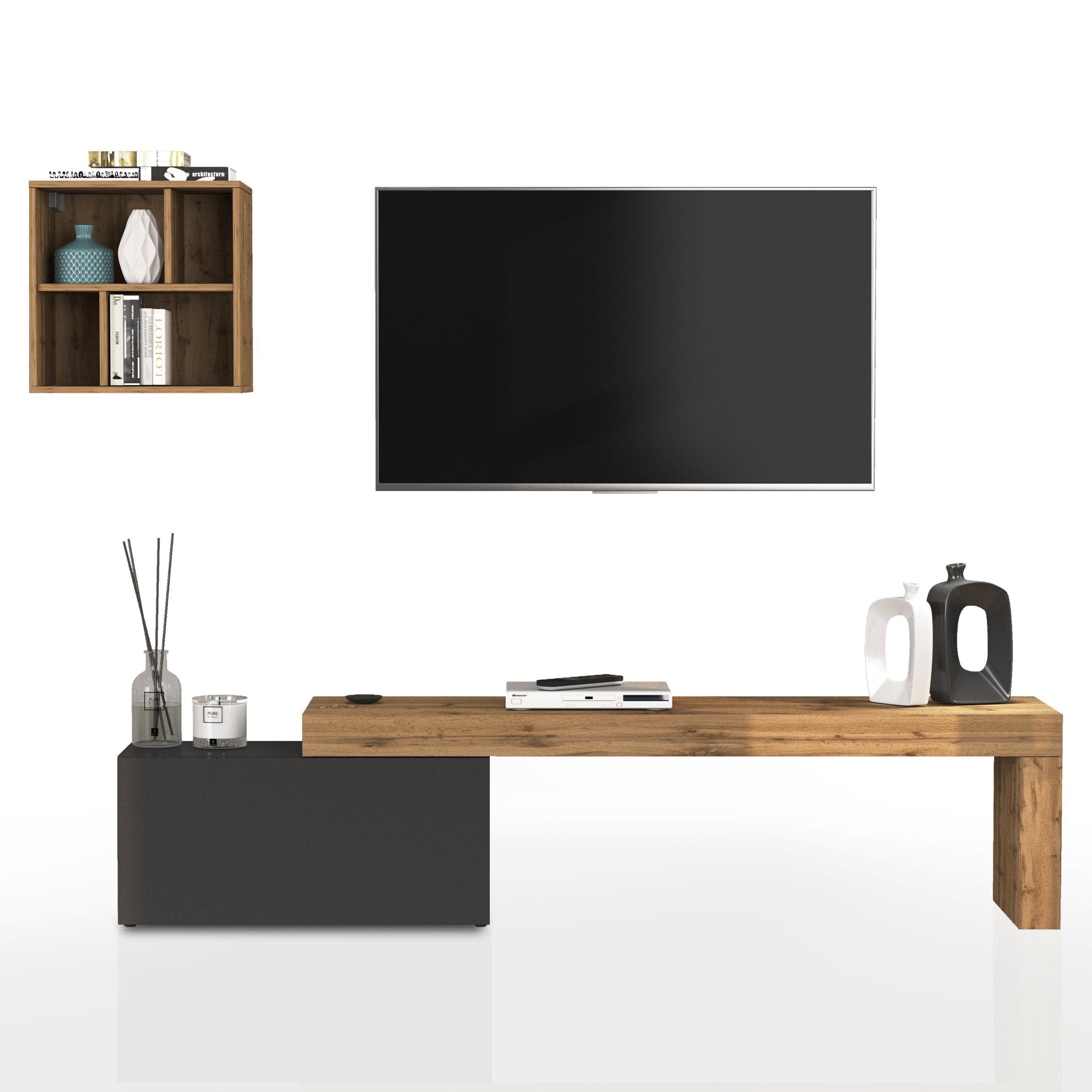 WHOUS Parete Attrezzata CHRONOS per Soggiorno, Mobile Tv Regolabile e Pensile a Giorno per Salotto in Legno, 180/260x40 cm, Antracite Opaco e Rovere