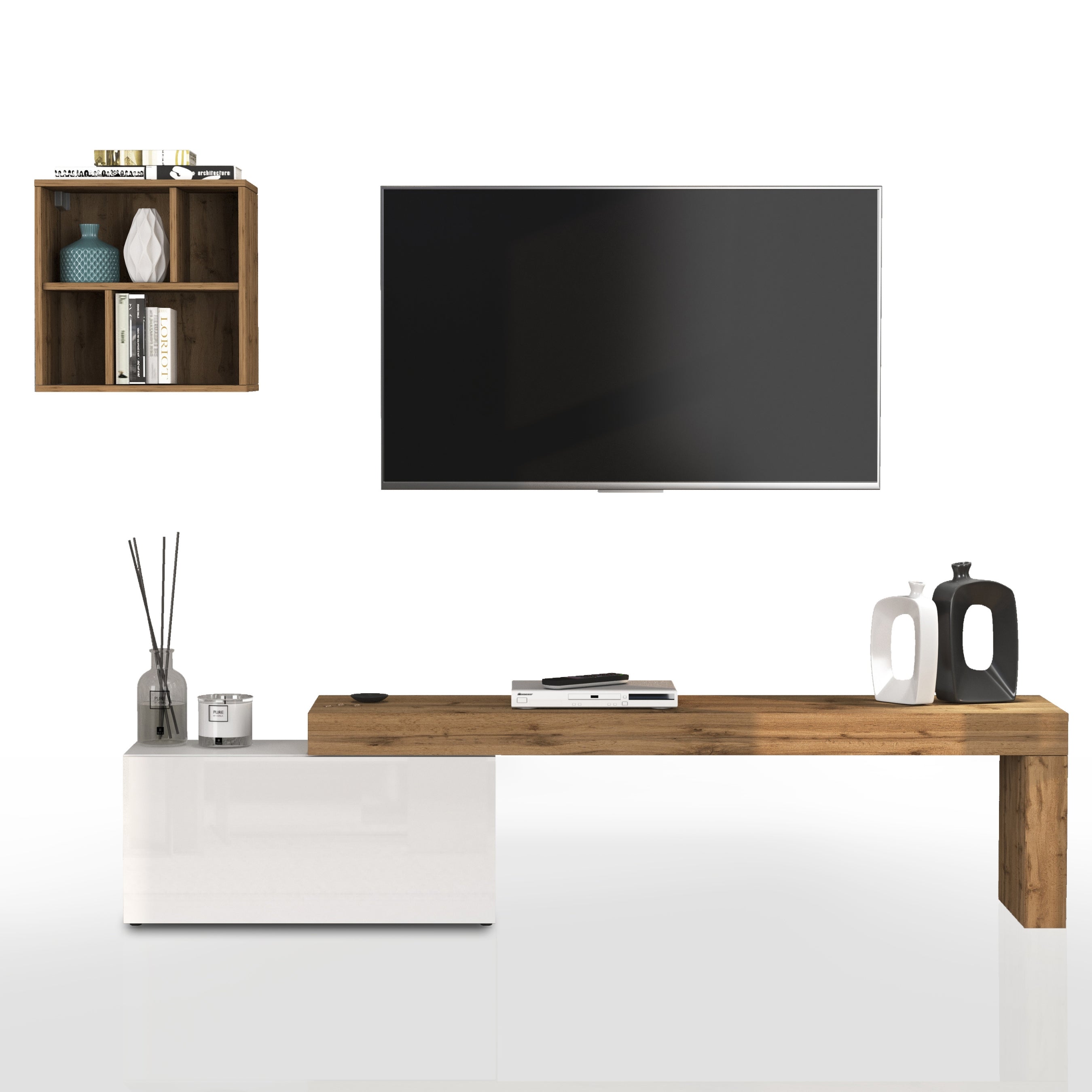 WHOUS Parete Attrezzata CHRONOS per Soggiorno, Mobile Tv Regolabile e Pensile a Giorno per Salotto in Legno, 180/260x40 cm, Bianco Lucido e Rovere