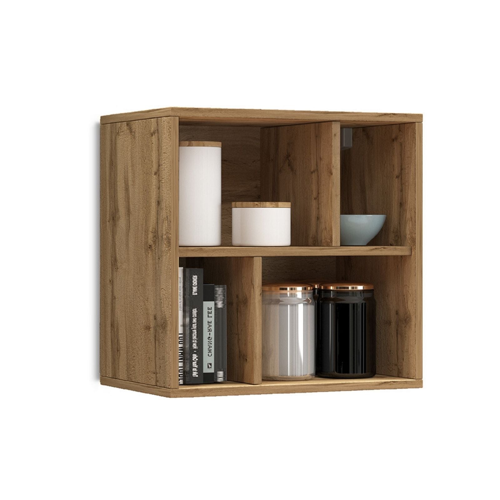 WHOUS Pensile a Cubo CHRONOS per Soggiorno con 4 Vani, Pensile a Giorno e Libreria Multiuso per Salotto, 50x35x50 cm, Rovere