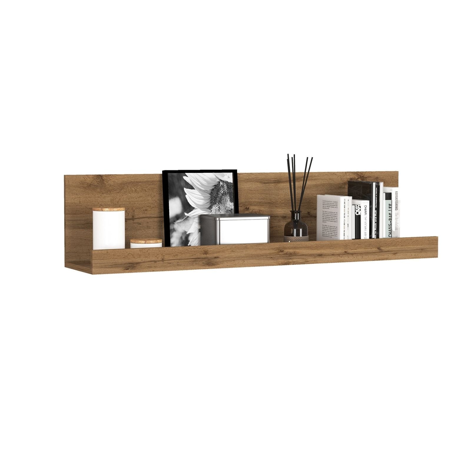 WHOUS Mensola da Muro CHRONOS per Soggiorno con Bordo Rialzato, Libreria Multiuso da Parete per Salotto, Bagno e Sala da Pranzo, 120x25x28 cm, Rovere