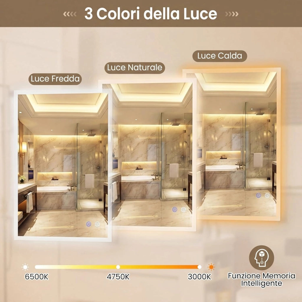 Specchio da Bagno LED 70 x 50 cm, Specchio da Parete Rettangolare con Anti-appannamento, Memoria, 3 Colori di Luce, Dimmerazione Continua e Vetro Temperato Infrangibile (70 x 50 x 3 cm)