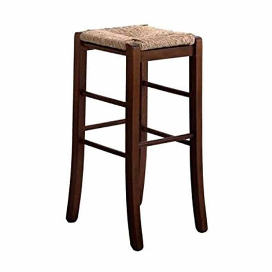Sgabello h 67 cm in legno noce scuro seduta quadrata in paglia gambe a sciabola