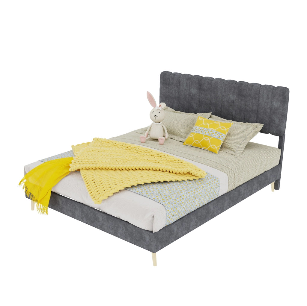 Letto imbottito 140 x 200 cm in tessuto effetto velluto olandese grigio con materasso incluso