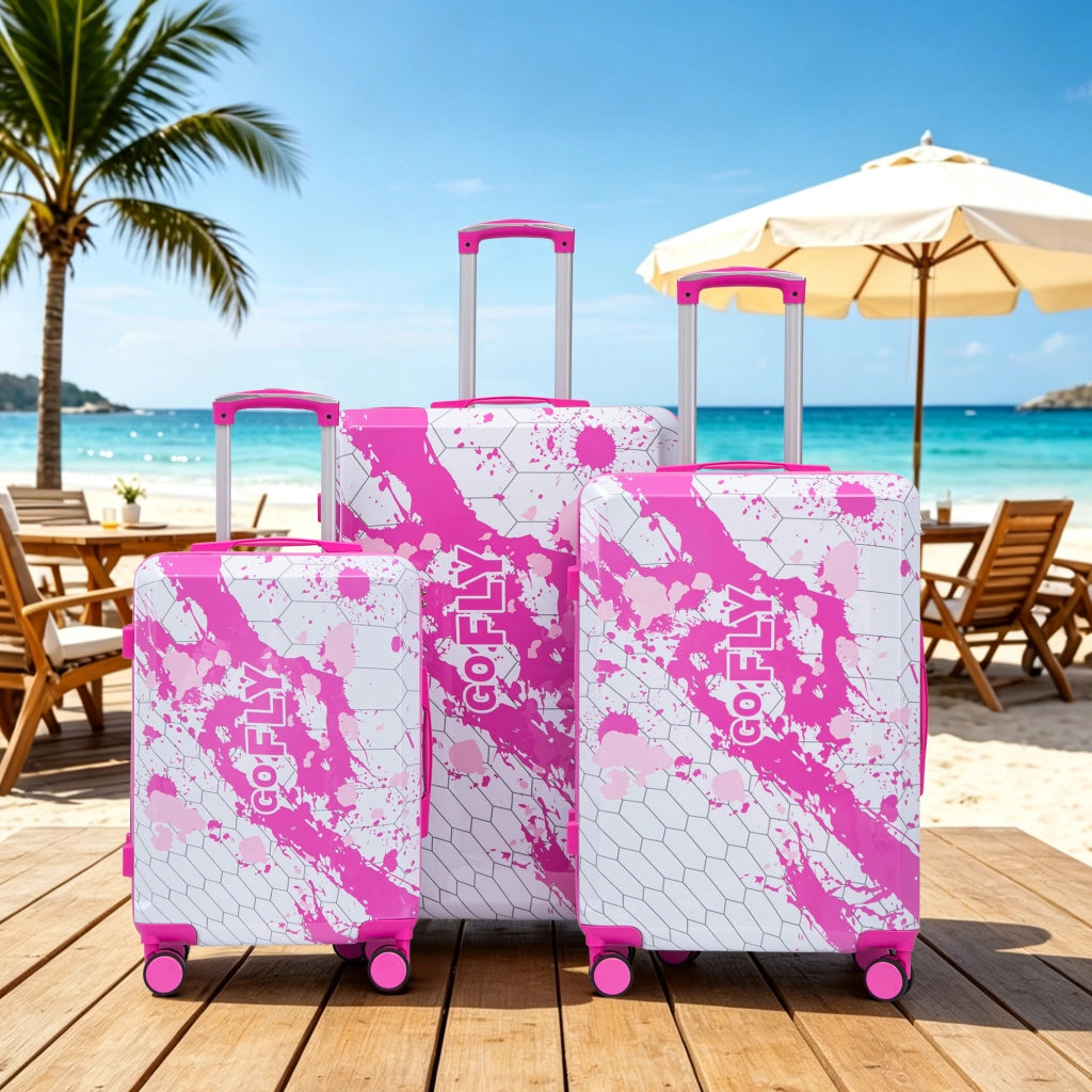 Set di 3 valigie da 20"/24"/28" in materiale PC con stampa fantasia e lucchetto a combinazione (rosa)