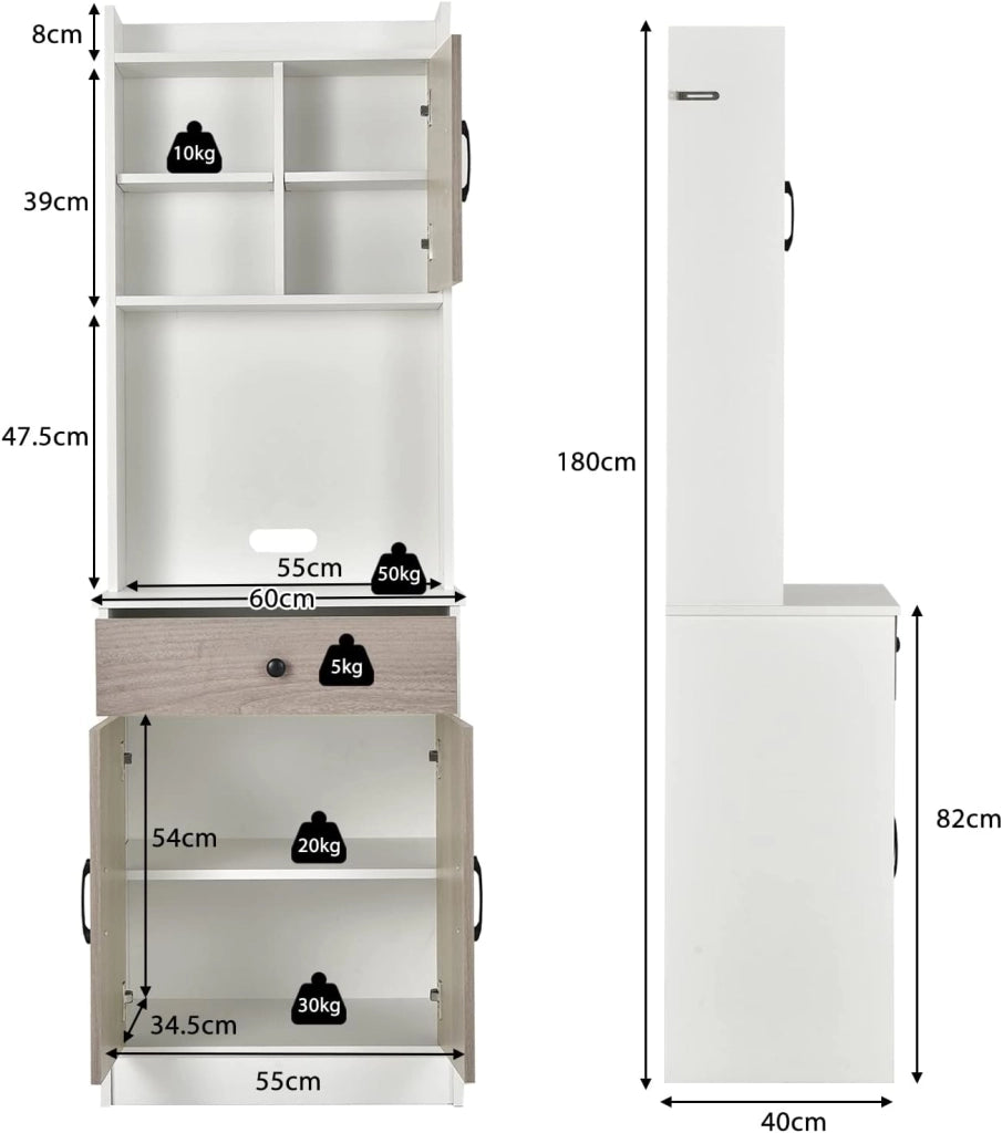 Armadio da Cucina Alto 180 cm, Credenza Alta da Cucina Multiuso, Mobile Buffet con Cassetto e Ripiani Regolabili, Mobiletto Cucina Salvaspazio Credenza, 60x40x180 cm, 2 Colori (Bianco)