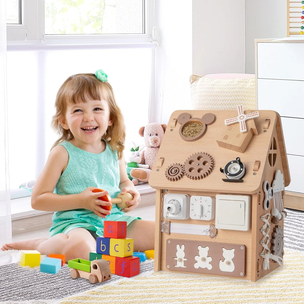 Occupato Montessori per Bambini in Legno, Casetta Giocattolo Piccola con Giochi Sensoriali e Vano Interno, Giochi Montessori per Motricità Fine, per Bambini 3 Anni+