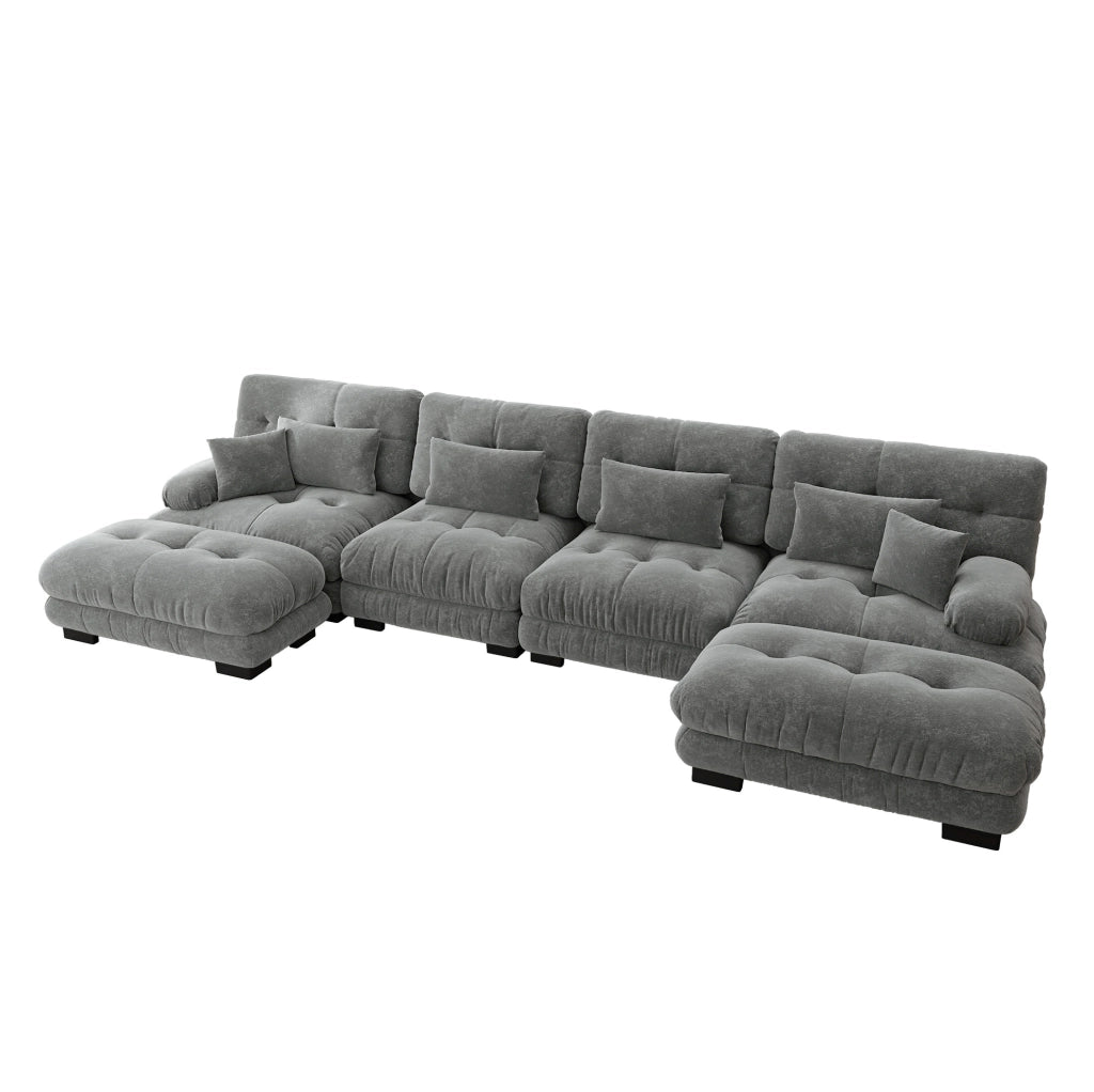 Divano modulare 406x145x81 cm con pouf mobili in chenille grigio