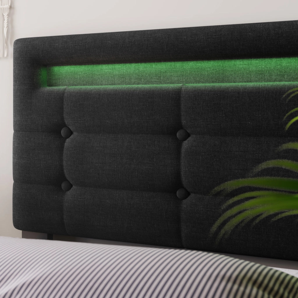 Letto matrimoniale 140x200 cm con LED; 4 cassetti e materasso; rivestimento in lino grigio
