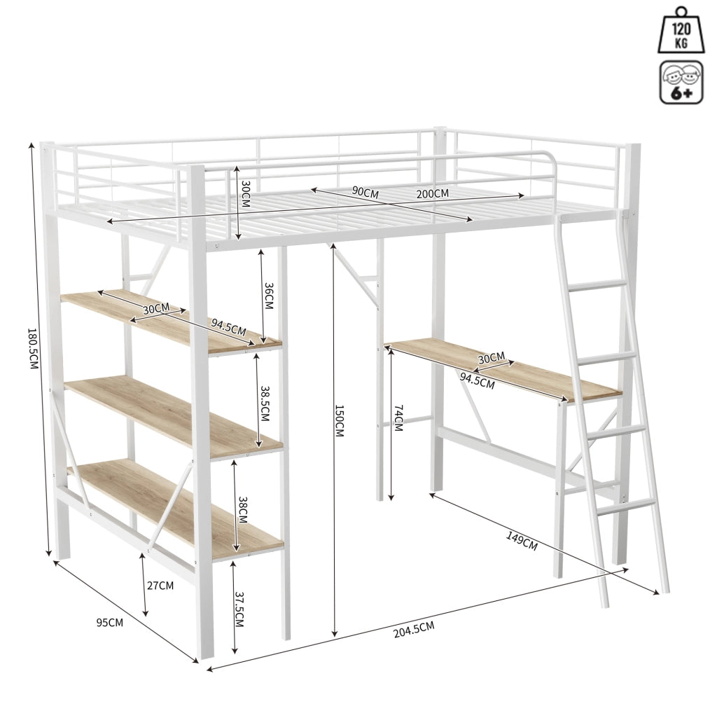 Letto a soppalco 90 x 200 cm con scrivania e 3 ripiani