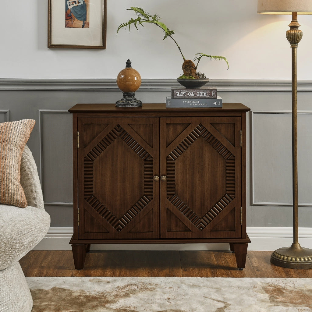 Credenza e madia con 2 vani e ripiano regolabile stile retrò per soggiorno cucina e ingresso in MDF noce con gambe in legno massello