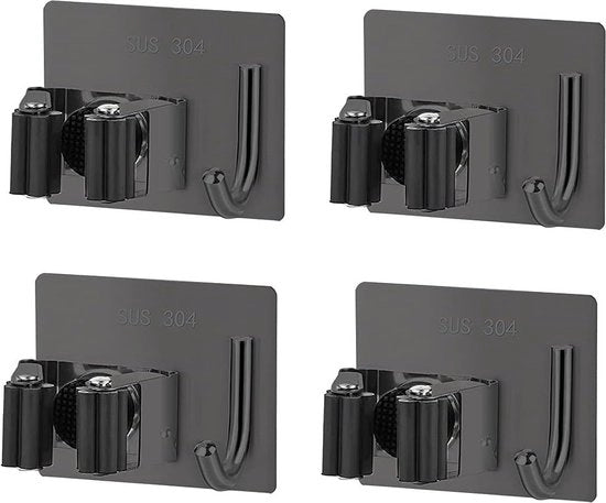 4 supporti per spazzola con ganci, supporto per spazzola murale adesivo, supporto per spazzola murale senza forare, supporto per spazzola per attrezzi da giardino, per cucina e bagno (nero)