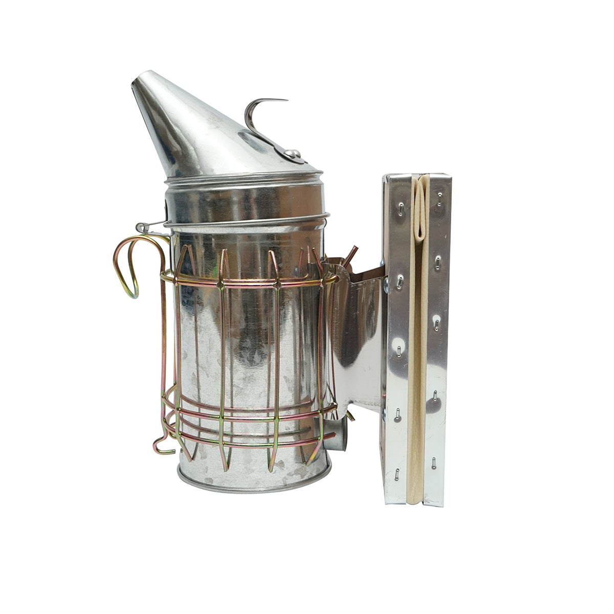 Affumicatore per api in acciaio galvanizzato con cilindro, scudo termico e soffietto in pelle, 190 mm