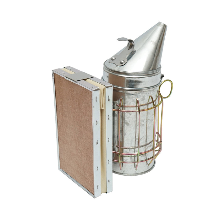 Affumicatore per api in acciaio galvanizzato con cilindro, scudo termico e soffietto in pelle, 190 mm