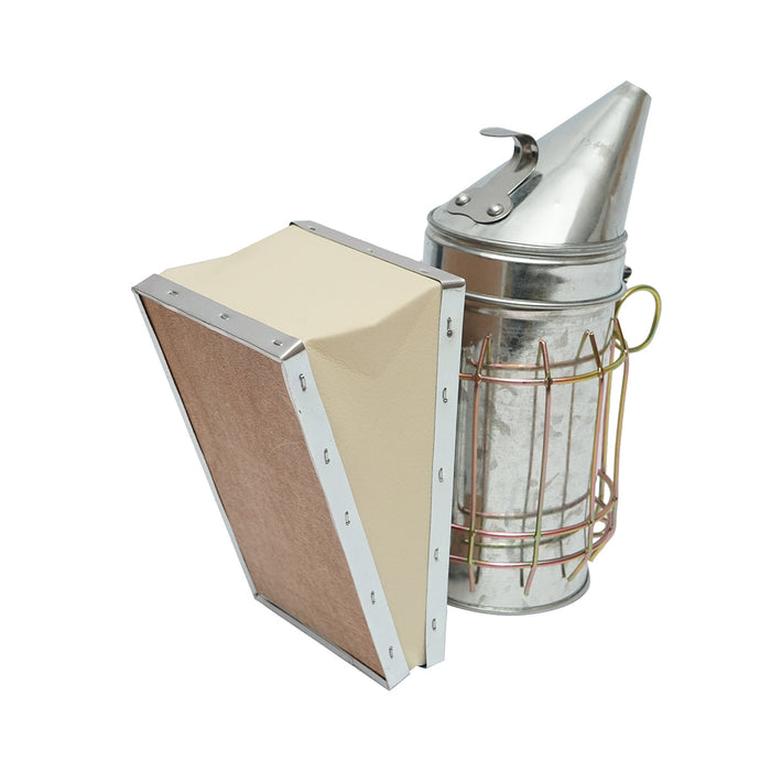 Affumicatore per api in acciaio galvanizzato con cilindro, scudo termico e soffietto in pelle, 190 mm