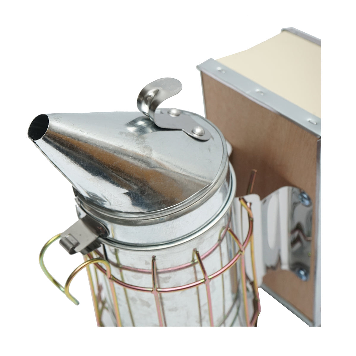 Affumicatore per api in acciaio galvanizzato con cilindro, scudo termico e soffietto in pelle, 190 mm