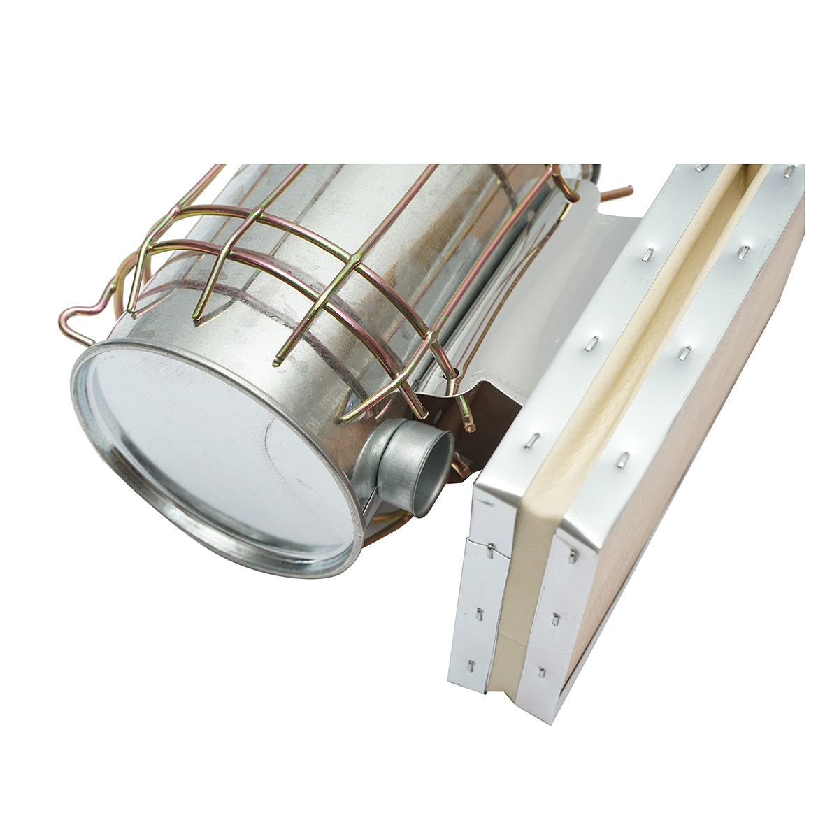 Affumicatore per api in acciaio galvanizzato con cilindro, scudo termico e soffietto in pelle, 190 mm