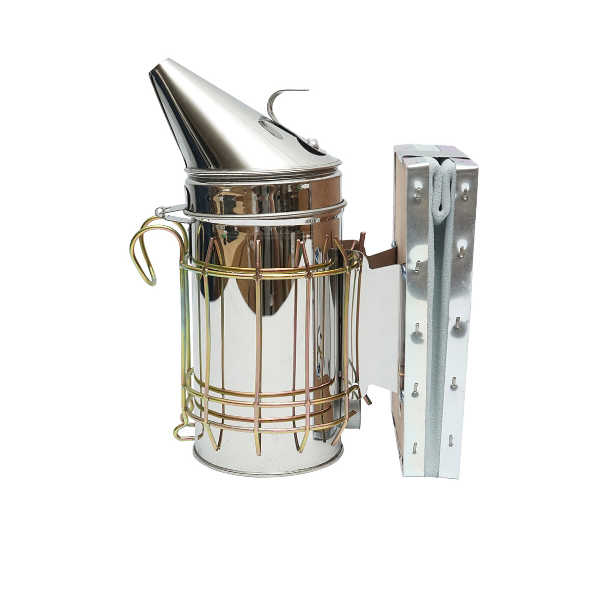 Affumicatore per api in acciaio inox con cilindro, scudo termico e soffietto in pelle, 160 mm