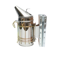 Affumicatore per api in acciaio inox con cilindro, scudo termico e soffietto in pelle, 160 mm