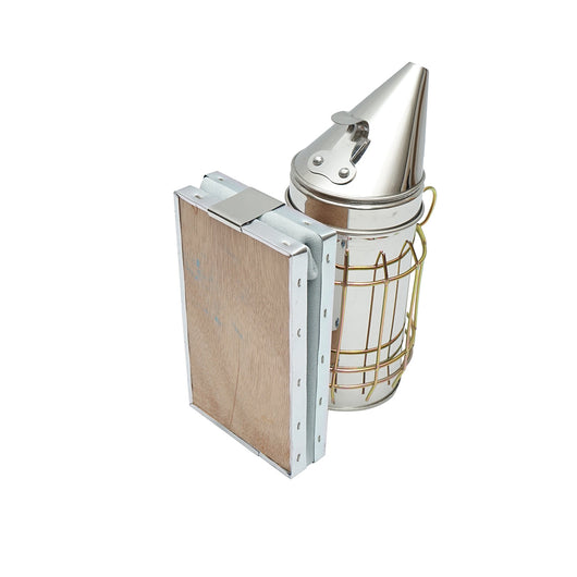 Affumicatore per api in acciaio inox con cilindro, scudo termico e soffietto in pelle, 160 mm