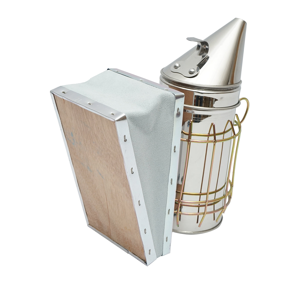 Affumicatore per api in acciaio inox con cilindro, scudo termico e soffietto in pelle, 160 mm