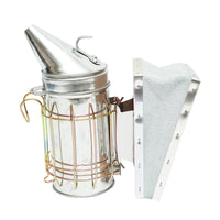 Affumicatore per api in acciaio inox con cilindro, scudo termico e soffietto in pelle, 160 mm.