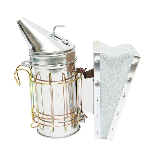 Affumicatore per api in acciaio inox con cilindro, scudo termico e soffietto in pelle, 160 mm.