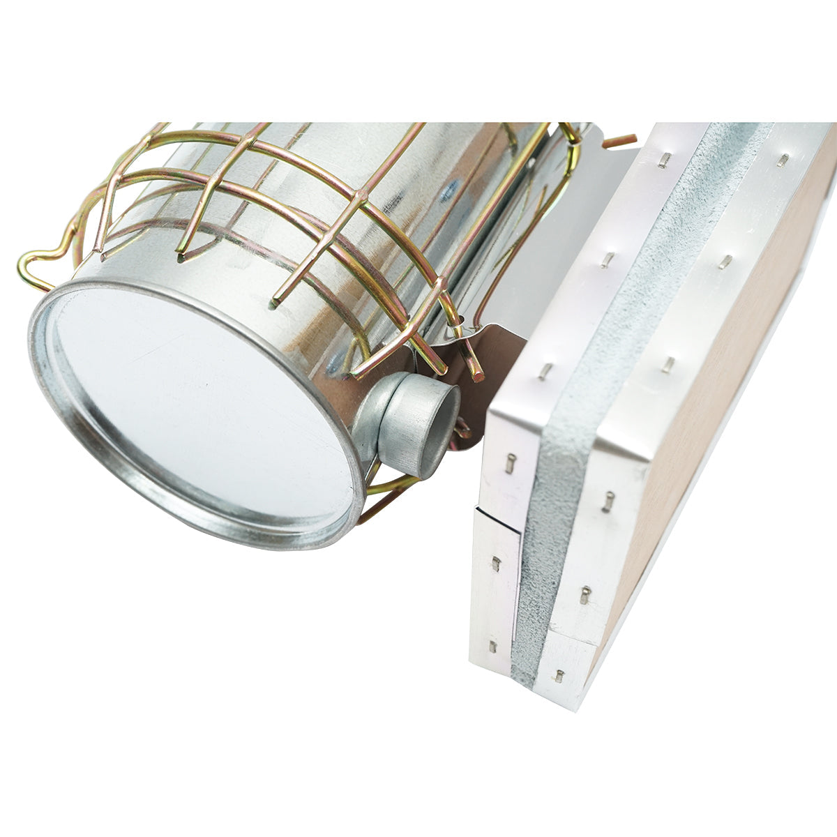 Affumicatore per api in acciaio inox con cilindro, scudo termico e soffietto in pelle, 160 mm.