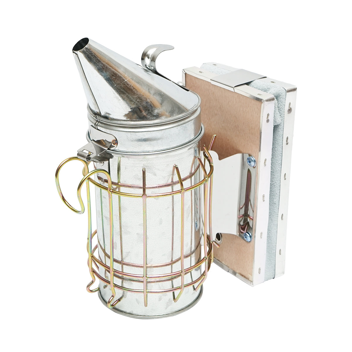 Affumicatore per api in acciaio inox con cilindro, scudo termico e soffietto in pelle, 160 mm.