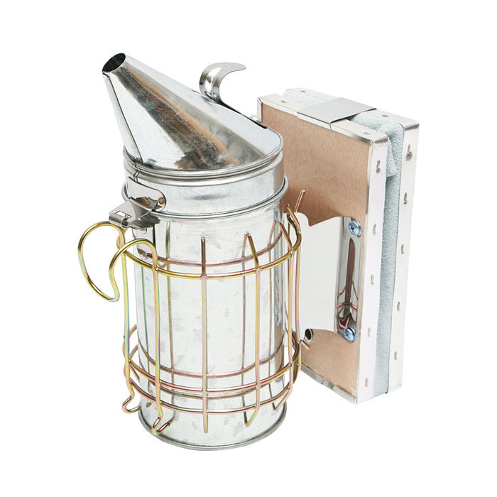 Affumicatore per api in acciaio inox con cilindro, scudo termico e soffietto in pelle, 160 mm.