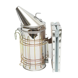 Affumicatore per api in acciaio inox con cilindro, scudo termico e soffietto in pelle, 190 mm