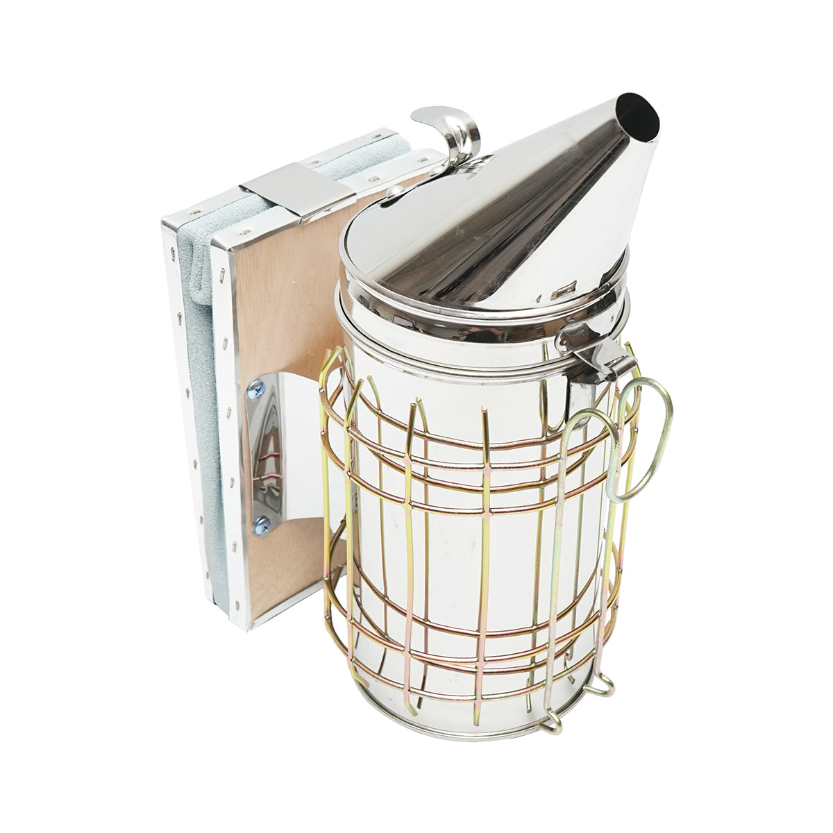 Affumicatore per api in acciaio inox con cilindro, scudo termico e soffietto in pelle, 190 mm