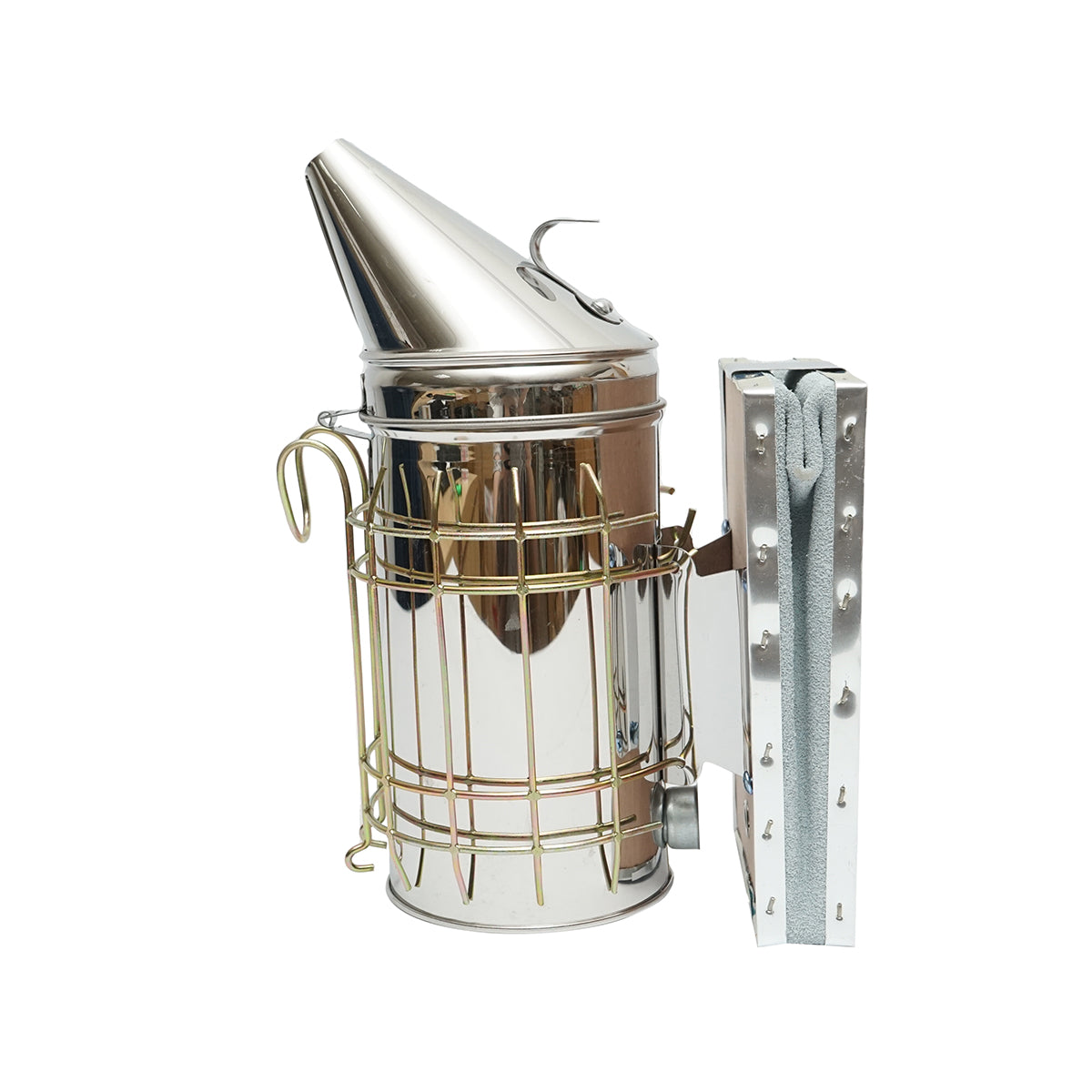 Affumicatore per api in acciaio inox con cilindro, scudo termico e soffietto in pelle, 190 mm.