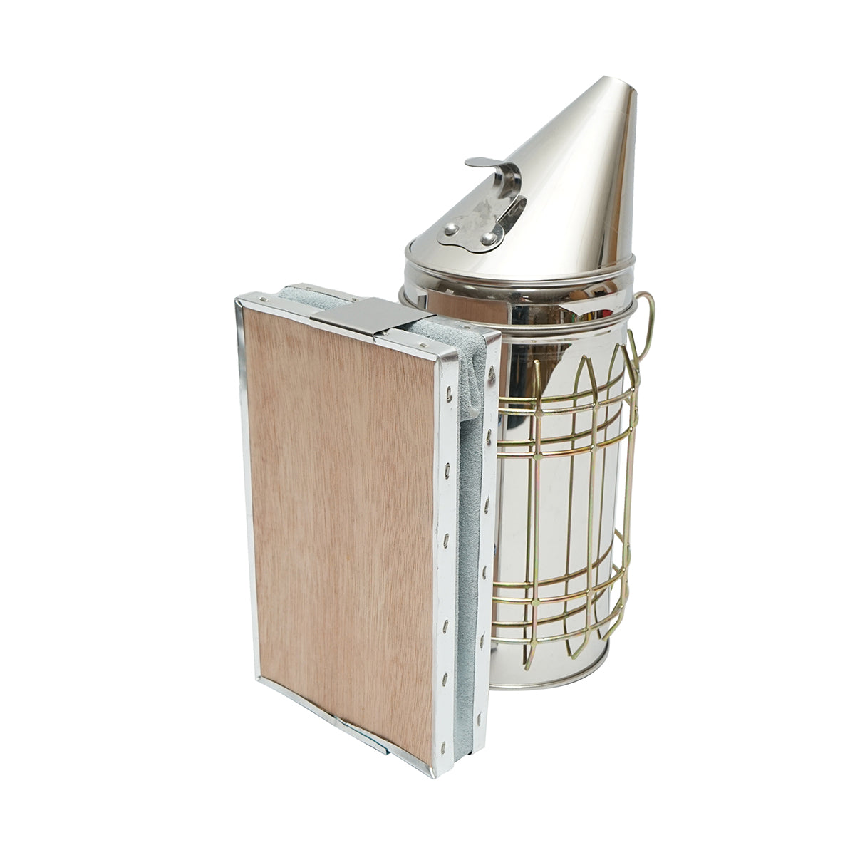 Affumicatore per api in acciaio inox con cilindro, scudo termico e soffietto in pelle, 190 mm.