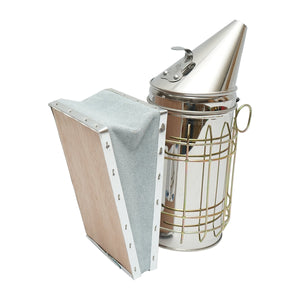 Affumicatore per api in acciaio inox con cilindro, scudo termico e soffietto in pelle, 190 mm.