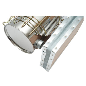Affumicatore per api in acciaio inox con cilindro, scudo termico e soffietto in pelle, 190 mm.