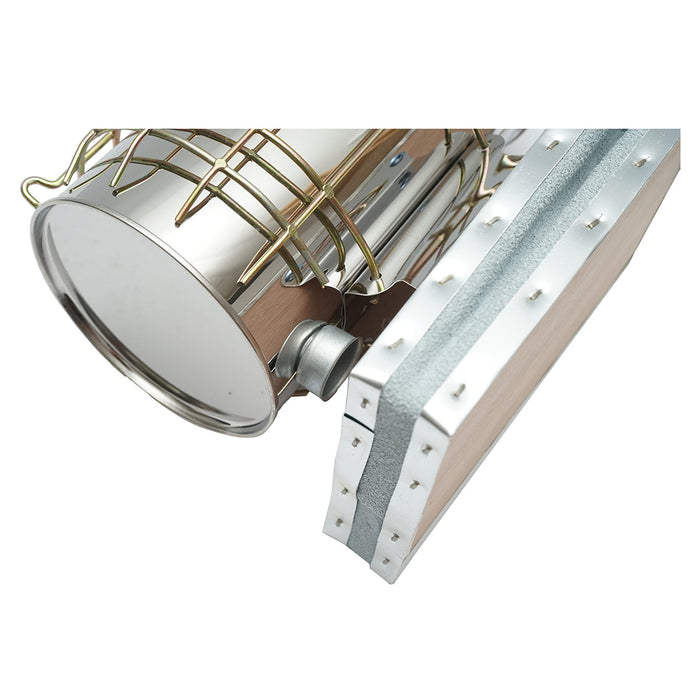 Affumicatore per api in acciaio inox con cilindro, scudo termico e soffietto in pelle, 190 mm.