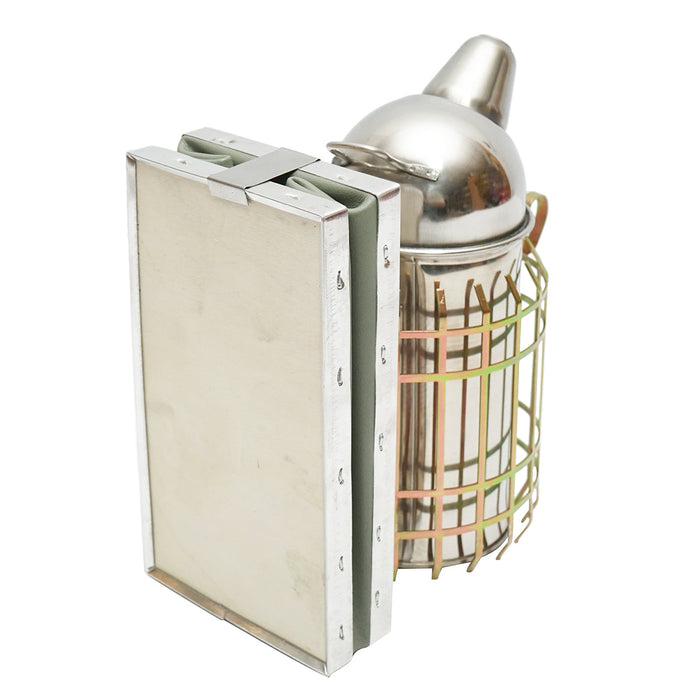 Affumicatore per api in acciaio inox con cilindro, scudo termico e soffietto in pelle, 210 mm