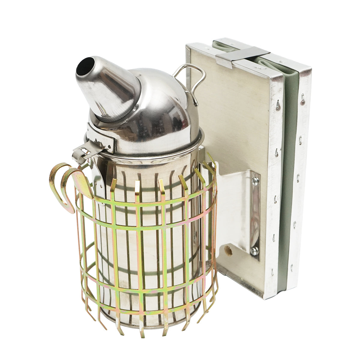 Affumicatore per api in acciaio inox con cilindro, scudo termico e soffietto in pelle, 210 mm