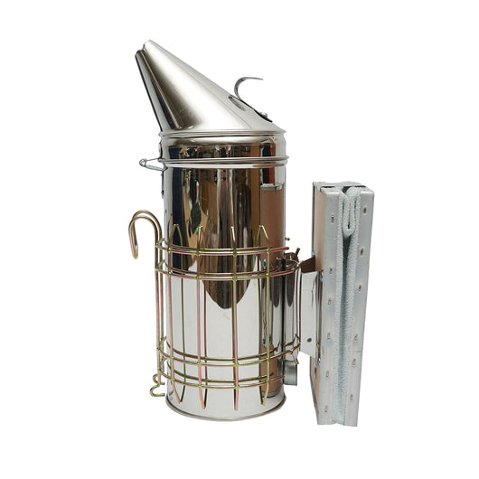 Affumicatore per api in acciaio inox con cilindro, scudo termico e soffietto in pelle, 230 mm