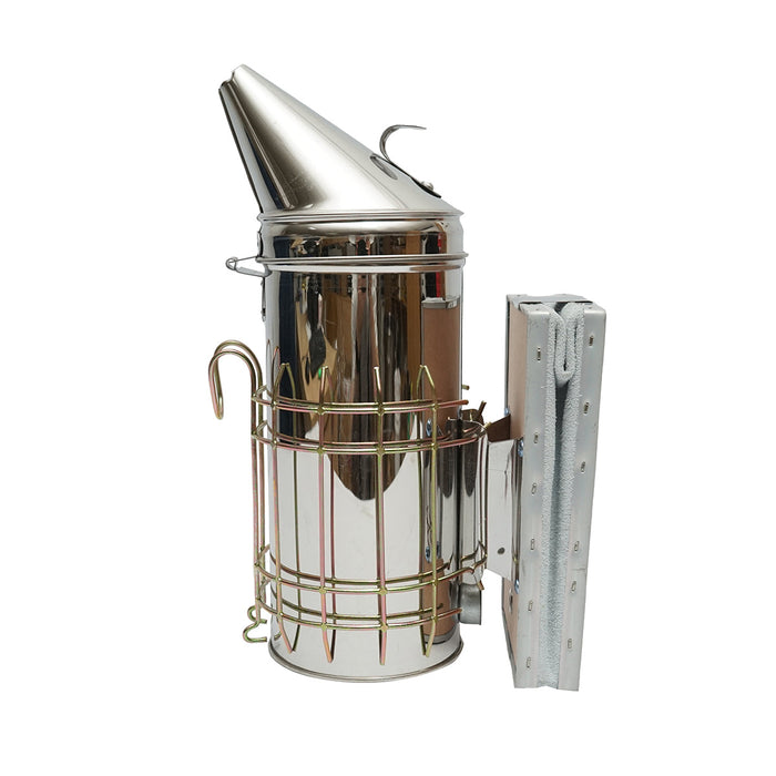 Affumicatore per api in acciaio inox con cilindro, scudo termico e soffietto in pelle, 230 mm