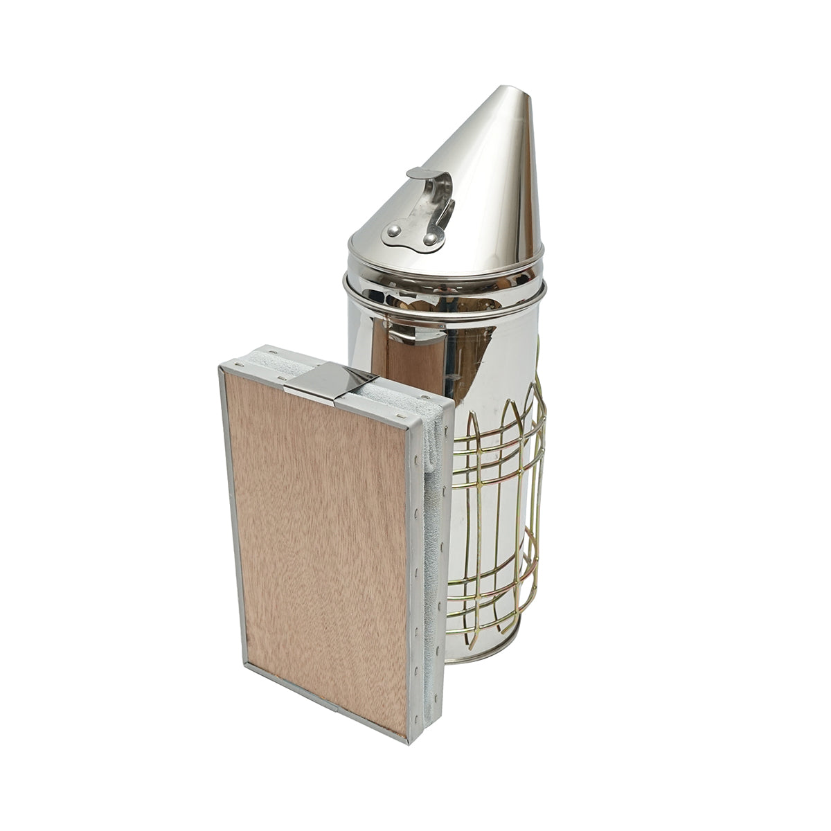 Affumicatore per api in acciaio inox con cilindro, scudo termico e soffietto in pelle, 230 mm