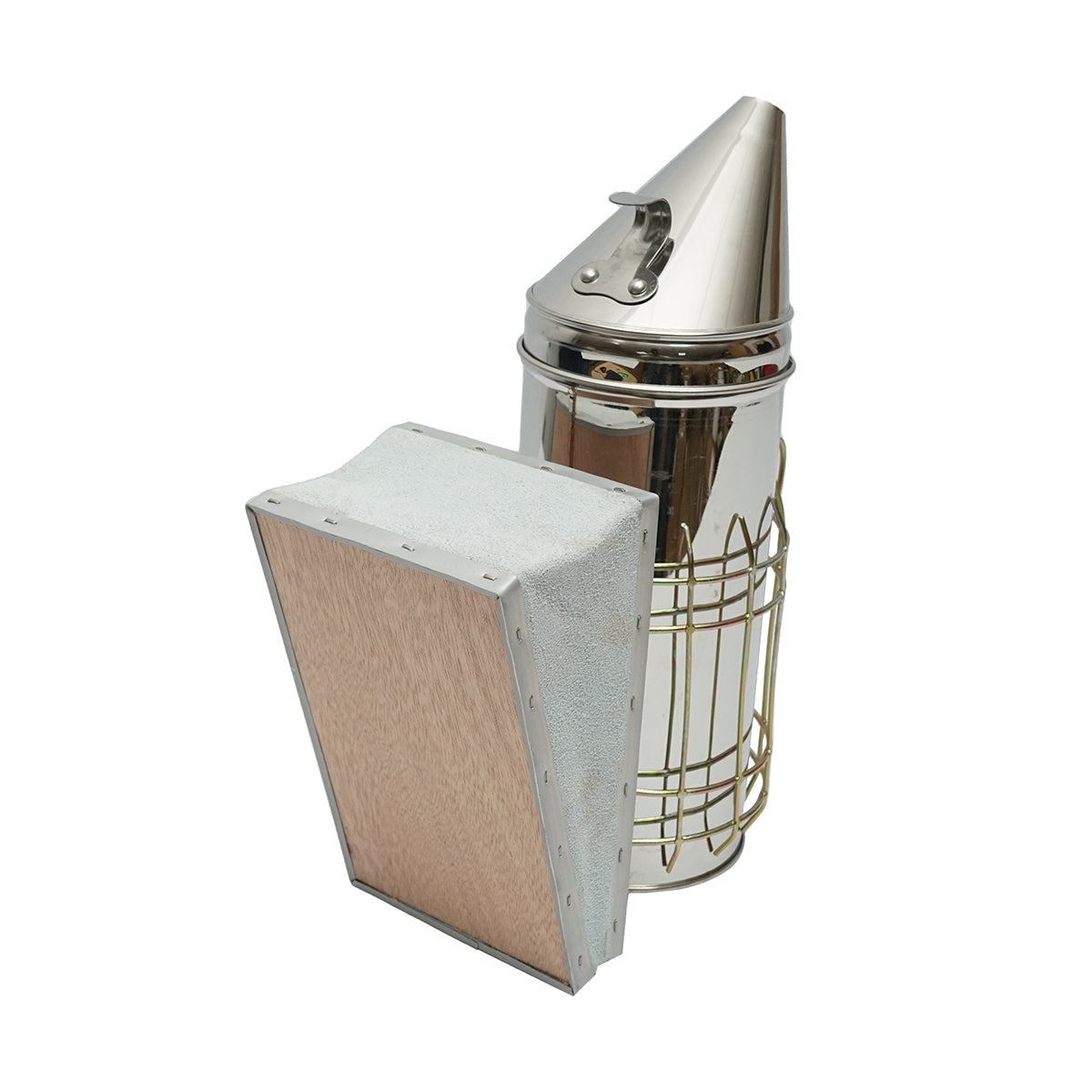 Affumicatore per api in acciaio inox con cilindro, scudo termico e soffietto in pelle, 230 mm