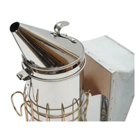 Affumicatore per api in acciaio inox con cilindro, scudo termico e soffietto in pelle, 230 mm