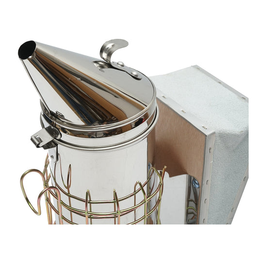 Affumicatore per api in acciaio inox con cilindro, scudo termico e soffietto in pelle, 230 mm