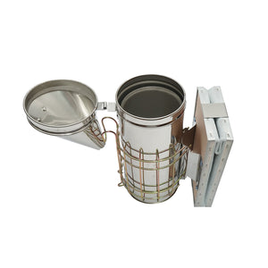 Affumicatore per api in acciaio inox con cilindro, scudo termico e soffietto in pelle, 230 mm